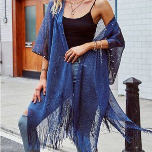 NEW Stunning Womens Dark Blue OSA Casual Jacket Decorative Pearls Tassels Comfy!